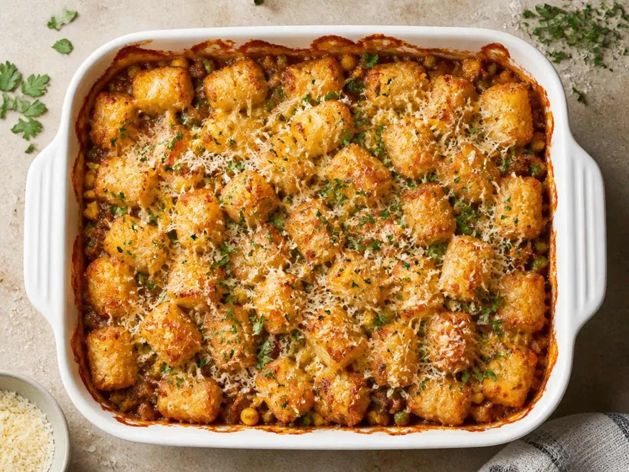 Budget-friendly tater tot casserole made from pantry staples in a glass dish.