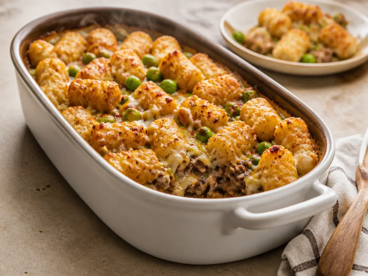 A cast iron skillet tater tot casserole ready to go into the oven.