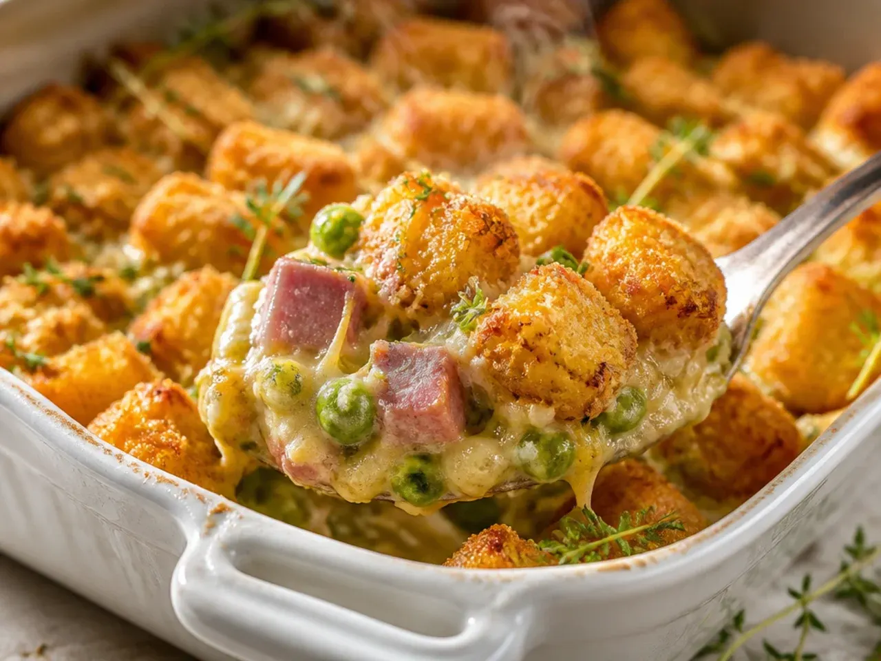 Rustic ham and pea tater tot casserole in a farmhouse-style dish.