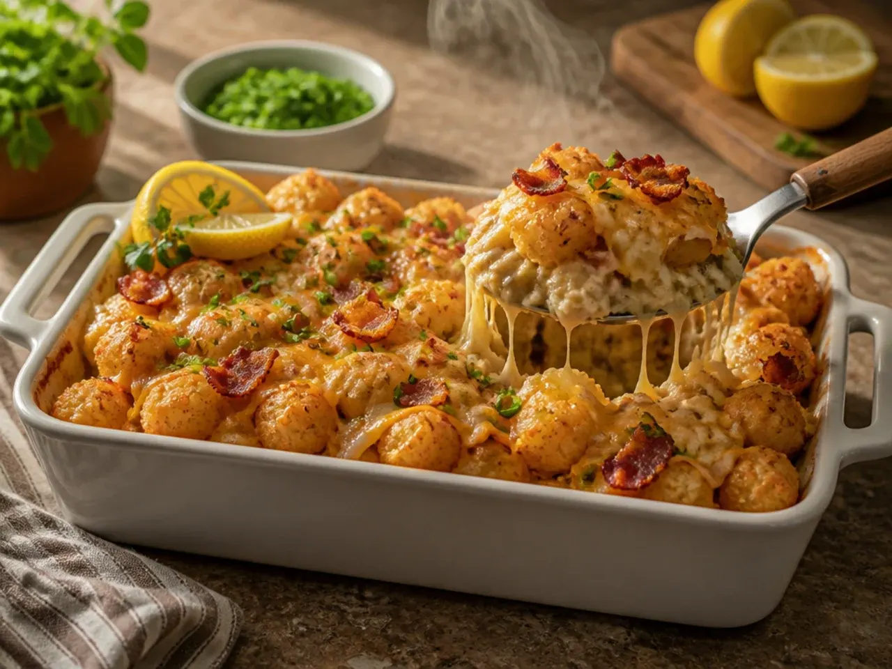 Loaded bacon ranch tater tot casserole topped with cheese and spring onions.