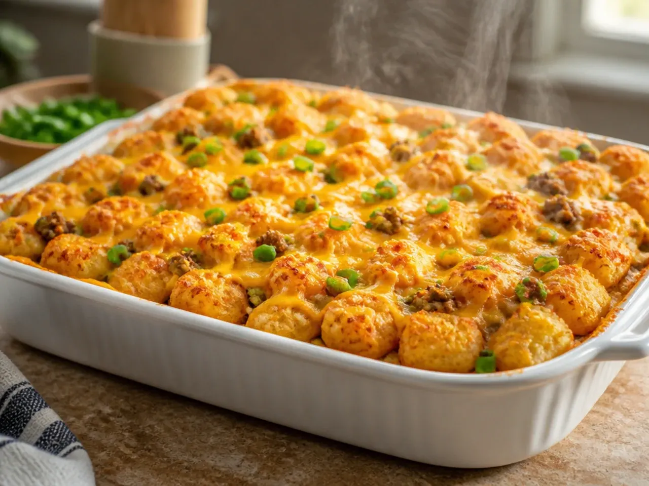 A large family-size tater tot casserole in a roasting tin, ready to serve a crowd.