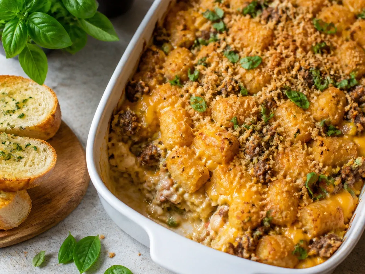 Best-ever tater tot casserole with a deeply golden, crisp tot topping.