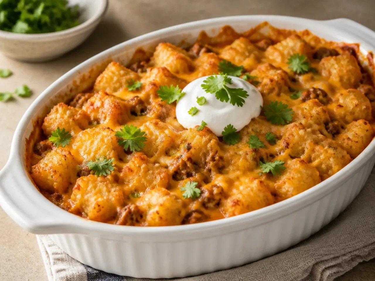 One-pot tater tot casserole cooked and served straight from a skillet.