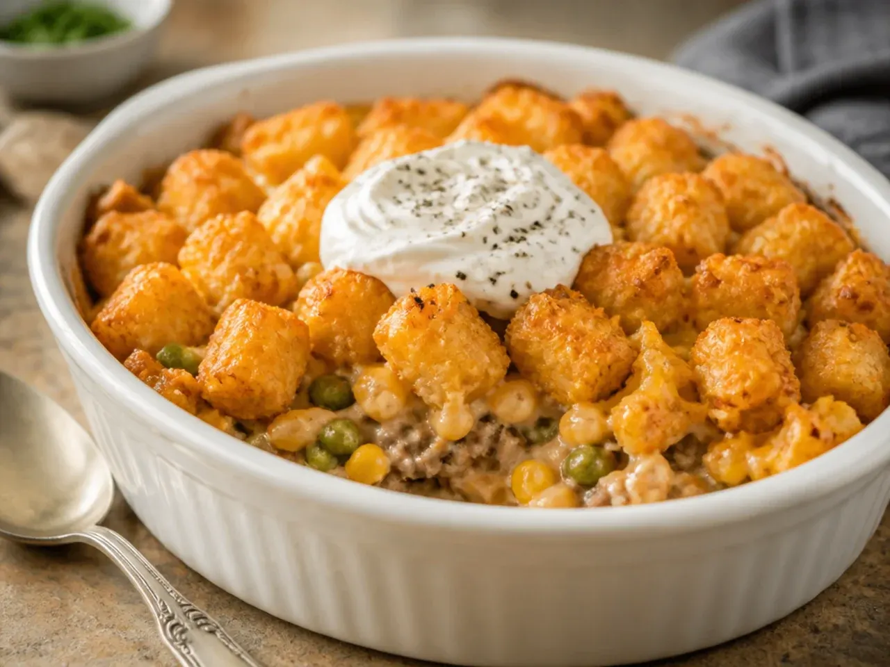 Slow-cooker tater tot casserole with a soft, cheesy tot topping.
