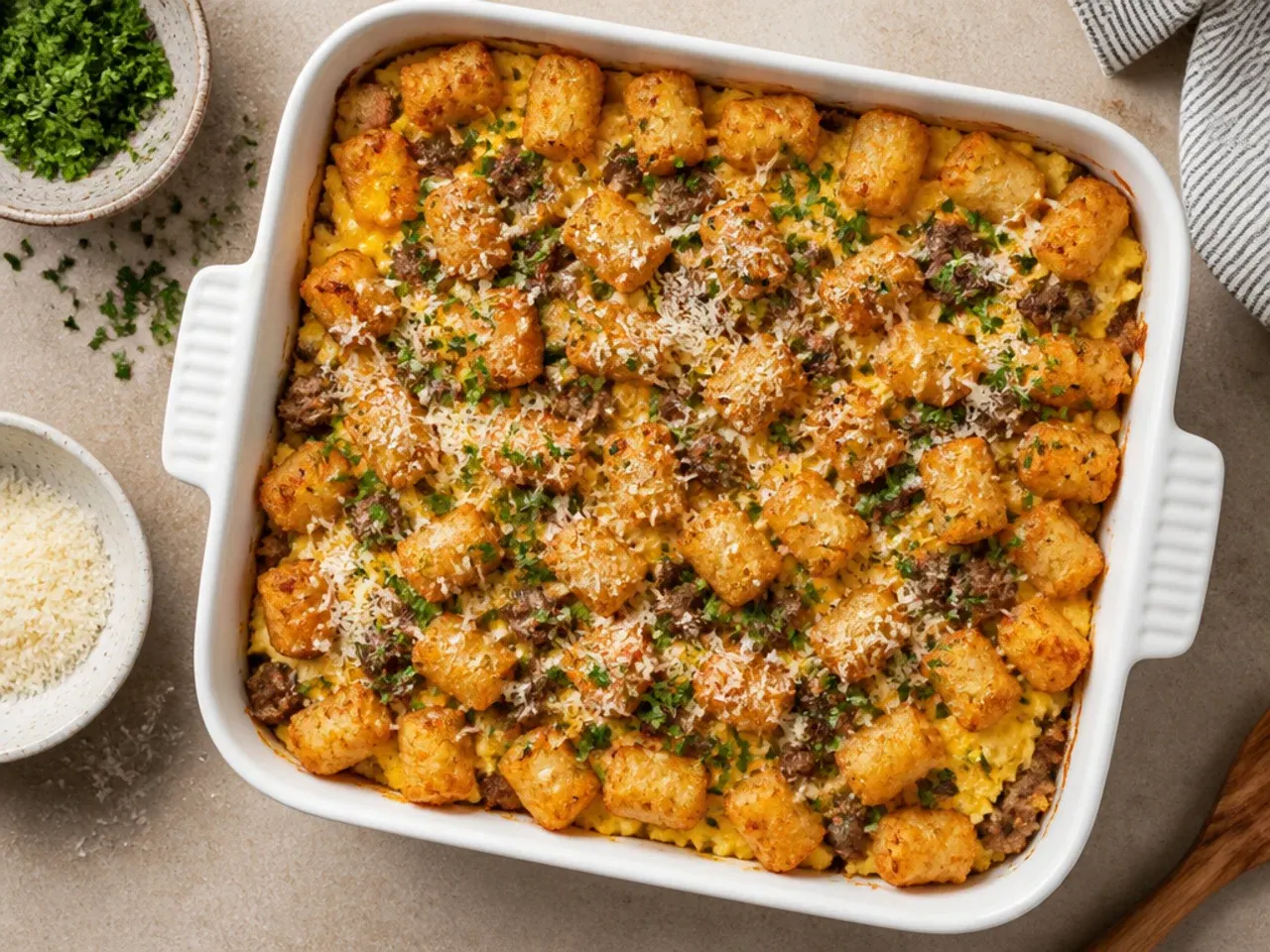 Breakfast tater tot casserole with baked eggs, sausage and melted cheese.