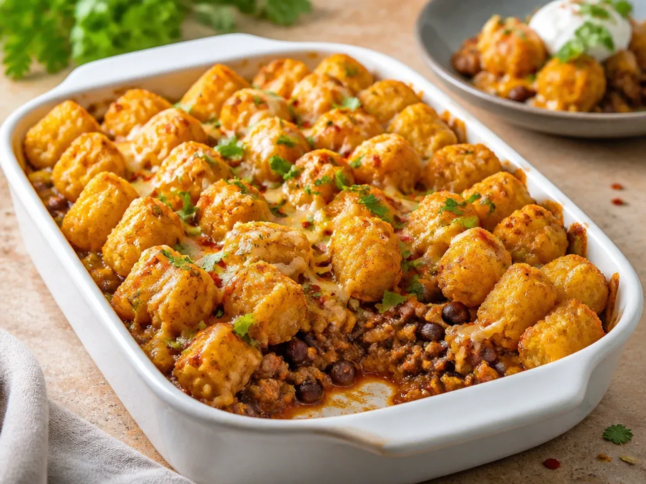 Tex-Mex tater tot casserole with black beans, corn and melted Monterey Jack.