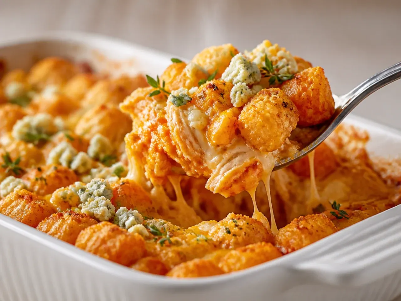 Buffalo chicken tater tot casserole with a spicy, tangy sauce and cheese.