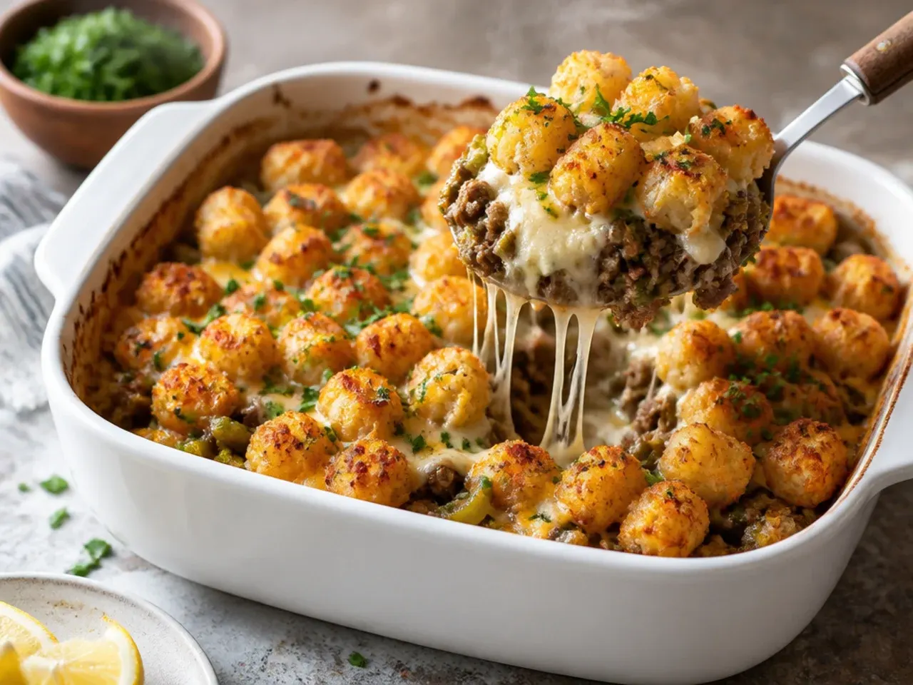 Philly cheesesteak tater tot casserole with peppers, onions and provolone.