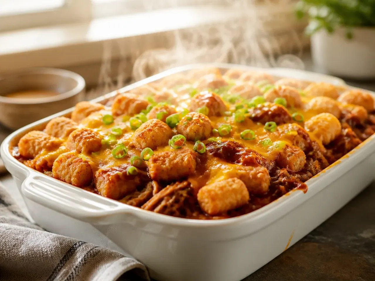 BBQ pulled pork tater tot casserole with barbecue sauce and melted cheddar.