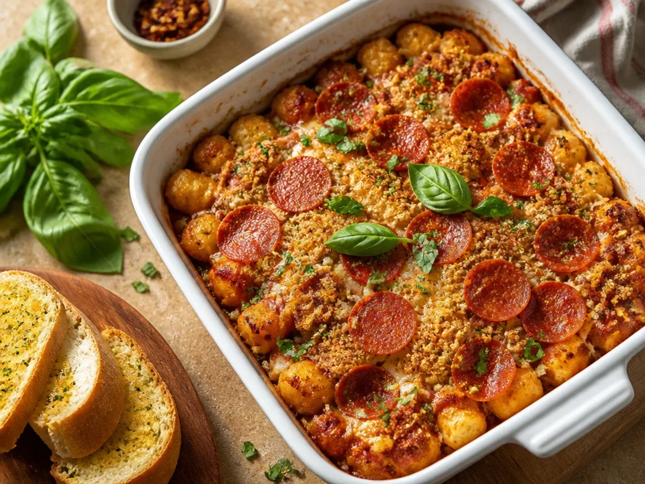Pizza-style tater tot casserole with marinara sauce, pepperoni and mozzarella.