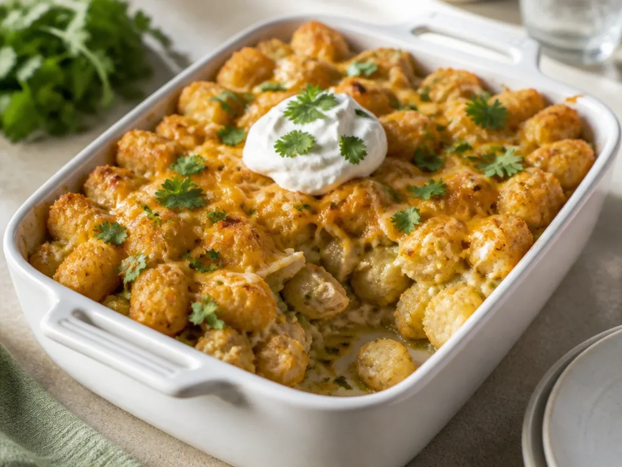 Green chile chicken tater tot casserole with Monterey Jack and crushed tortilla chips.