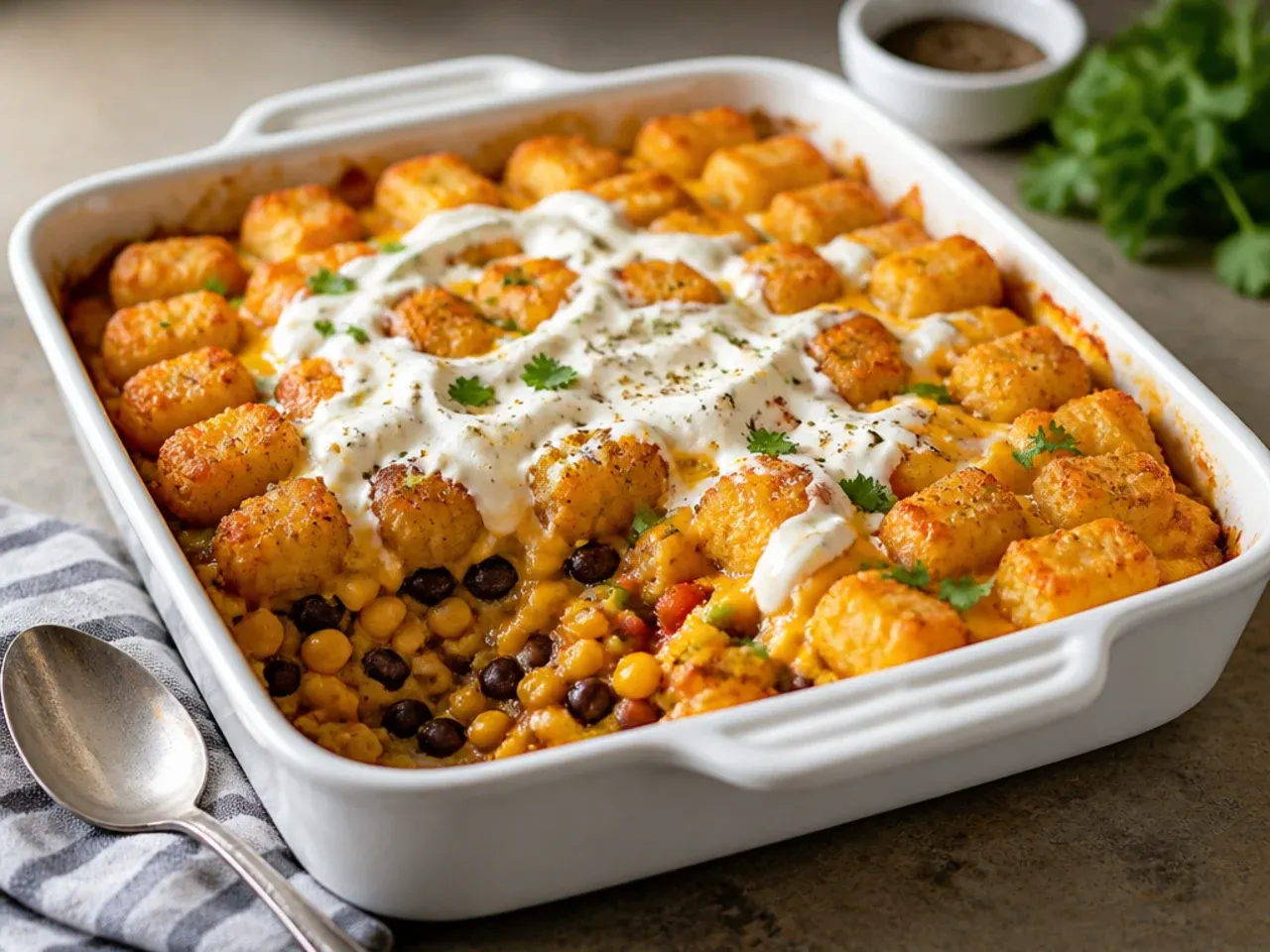 Vegetarian tater tot casserole with black beans, corn and peppers.