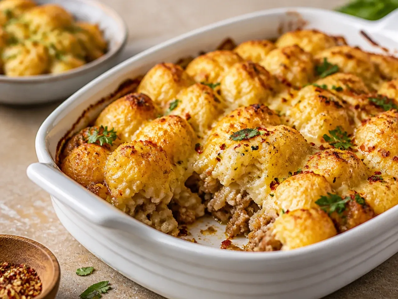 Low-carb tater tot casserole made with cauliflower tots instead of potato.
