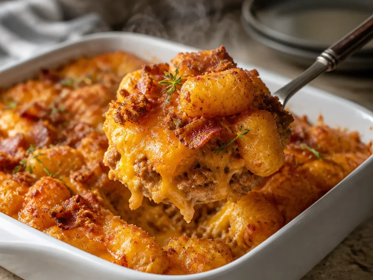 Smoky bacon and cheddar tater tot casserole with crispy bacon bits on top.