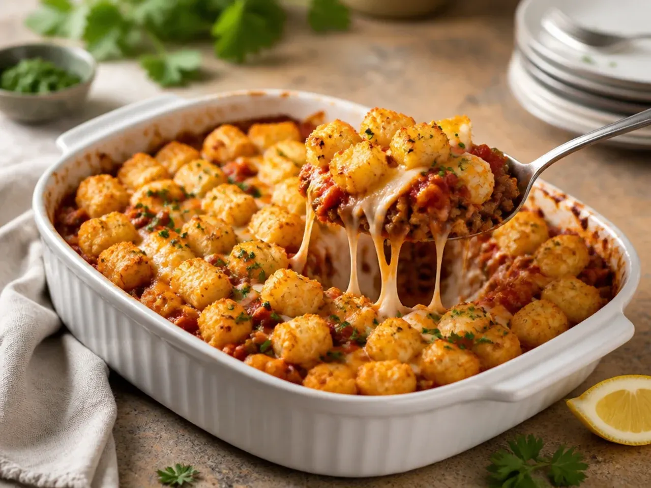 Italian sausage and marinara tater tot casserole with dollops of ricotta.