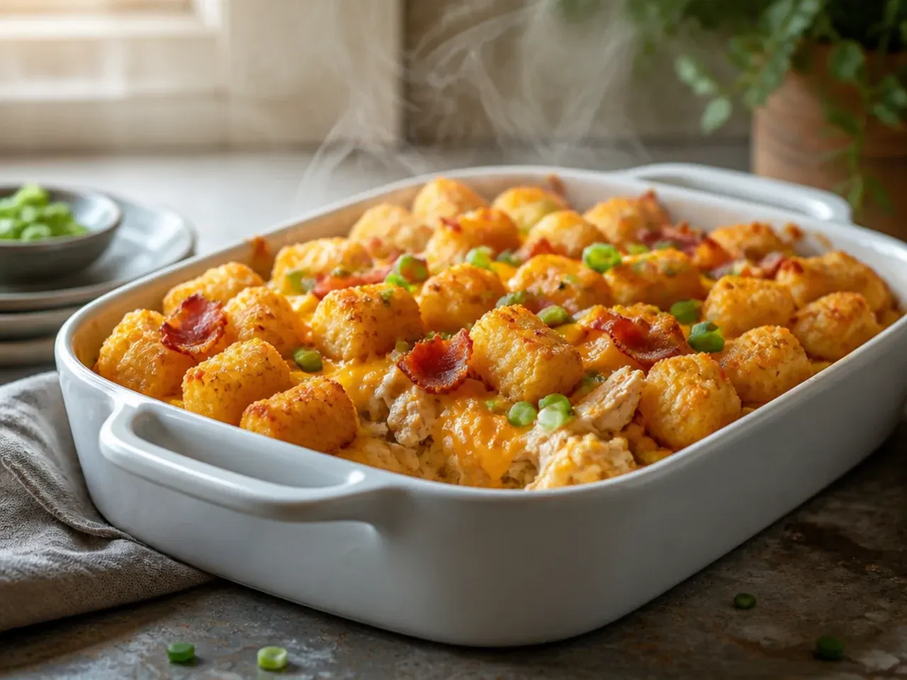Ranch chicken and bacon tater tot casserole with golden melted cheese.
