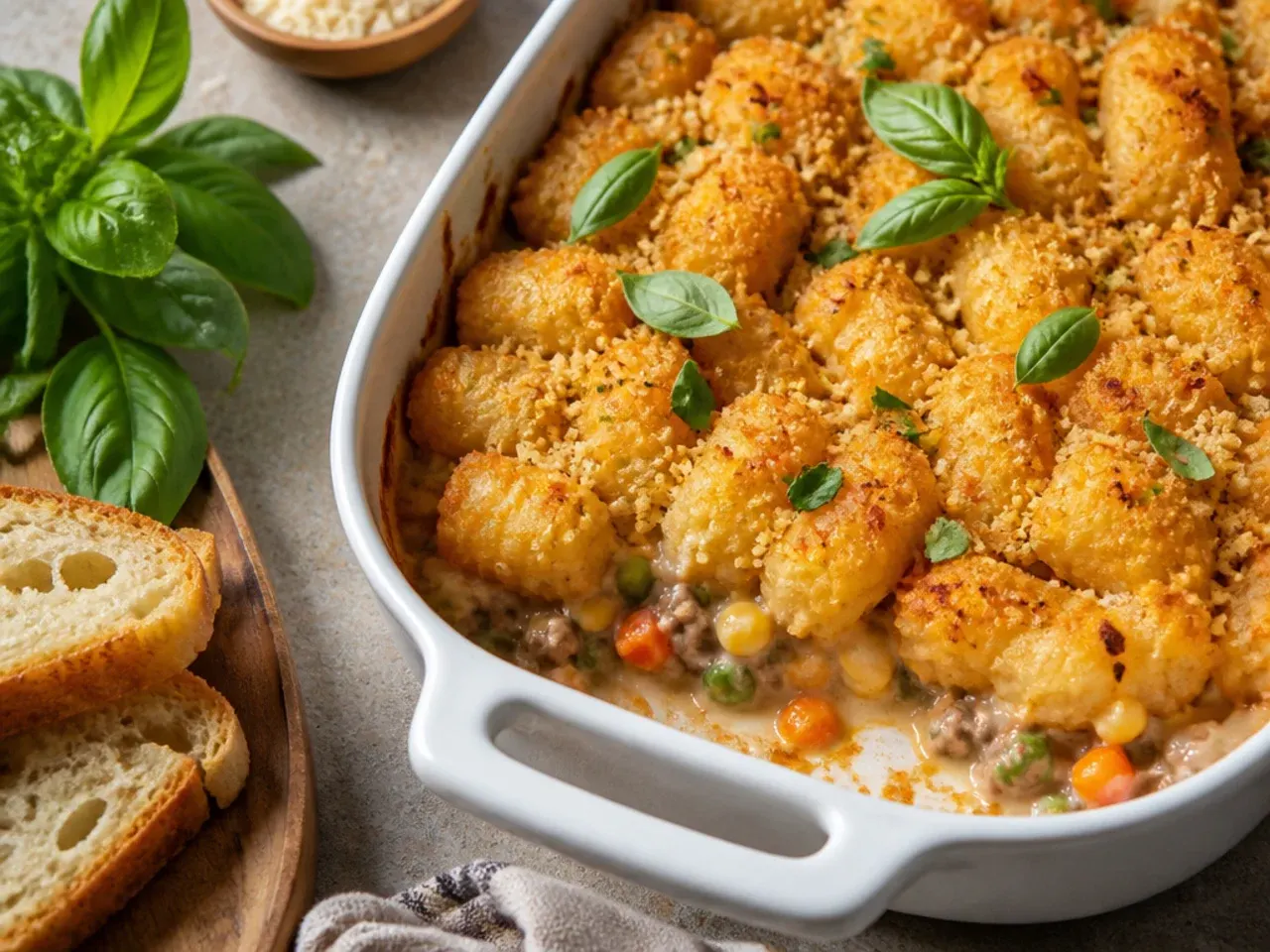 A foil tray of make-ahead tater tot casserole ready to freeze.