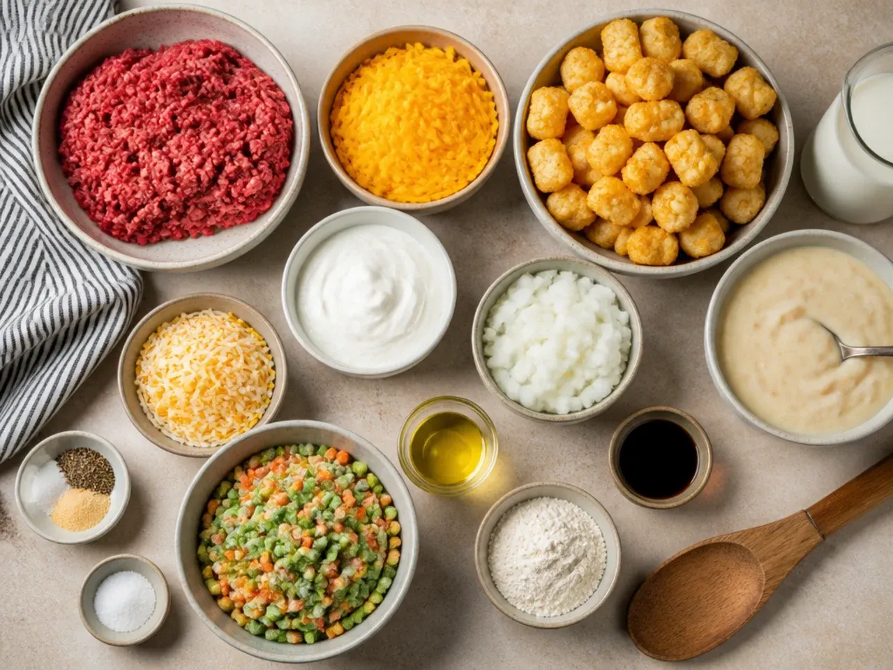 Close-up of a slice of tater tot casserole being lifted from the dish, showing crisp tots and creamy filling.