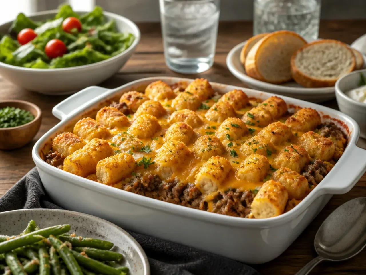 A plated serving of tater tot casserole alongside a fresh green salad and garlic bread.