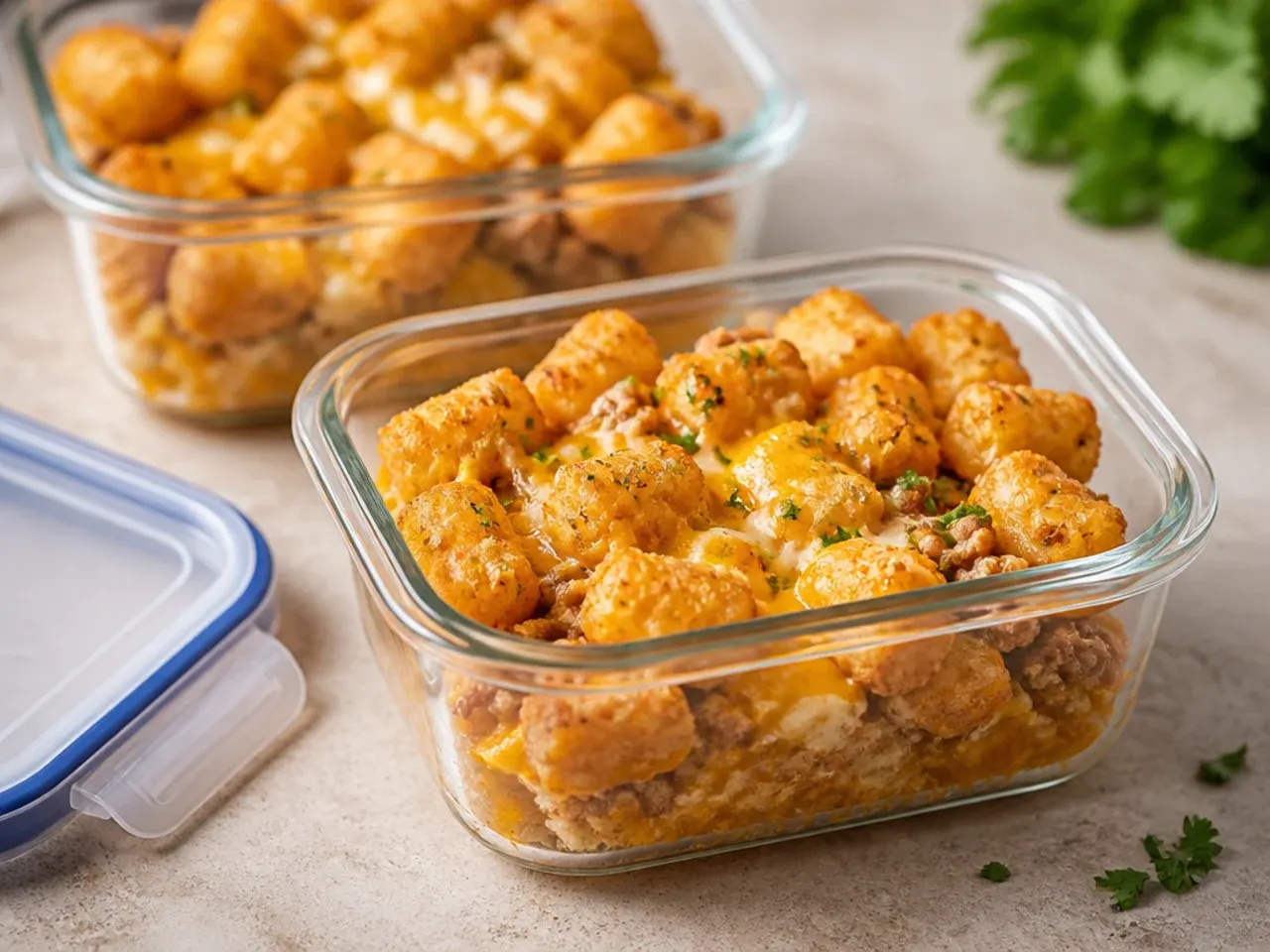 Leftover tater tot casserole portioned into airtight containers for the fridge and freezer.