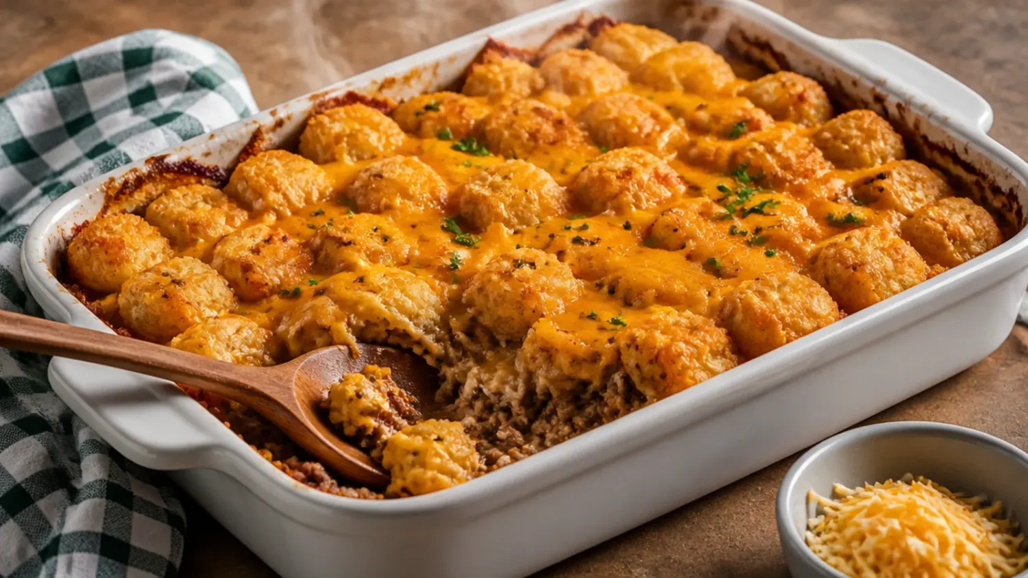 Golden, crispy tater tot casserole with ground beef in a white baking dish, fresh out of the oven