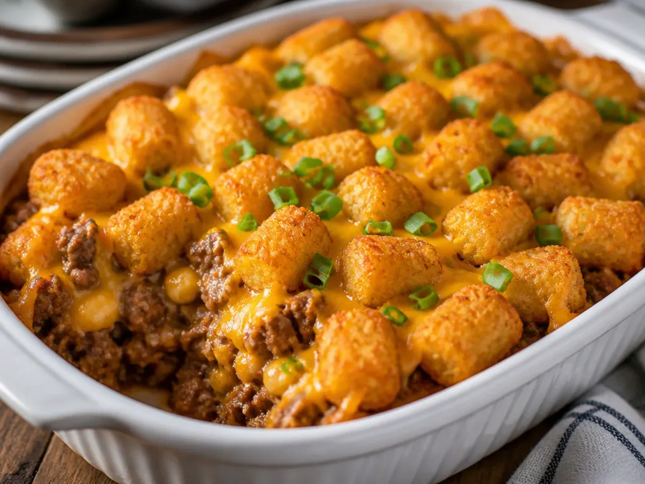 Overhead shot of a family dinner table with a bubbling tater tot casserole as the centrepiece