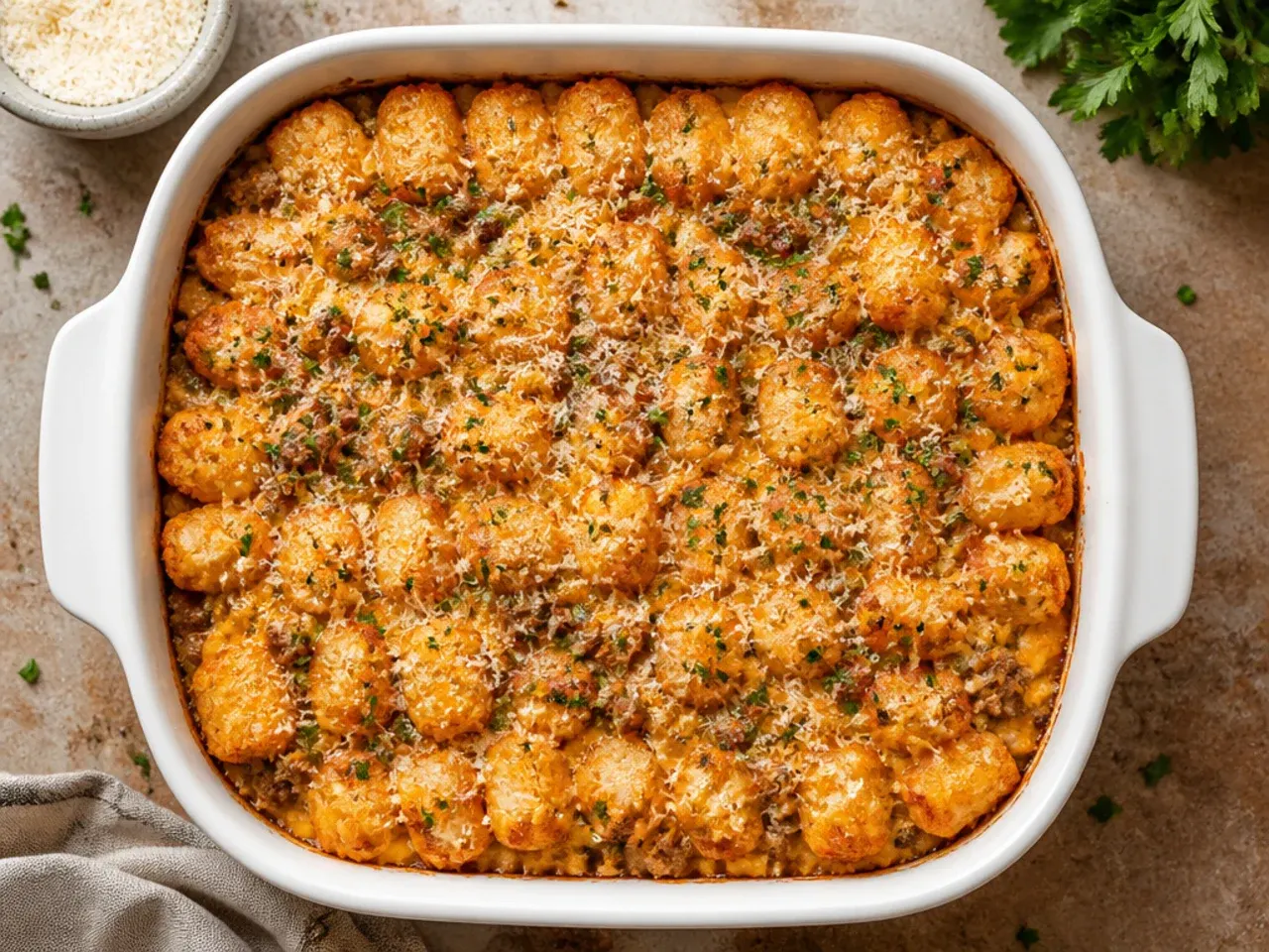 Classic tater tot casserole with ground beef and melted cheddar in a glass baking dish