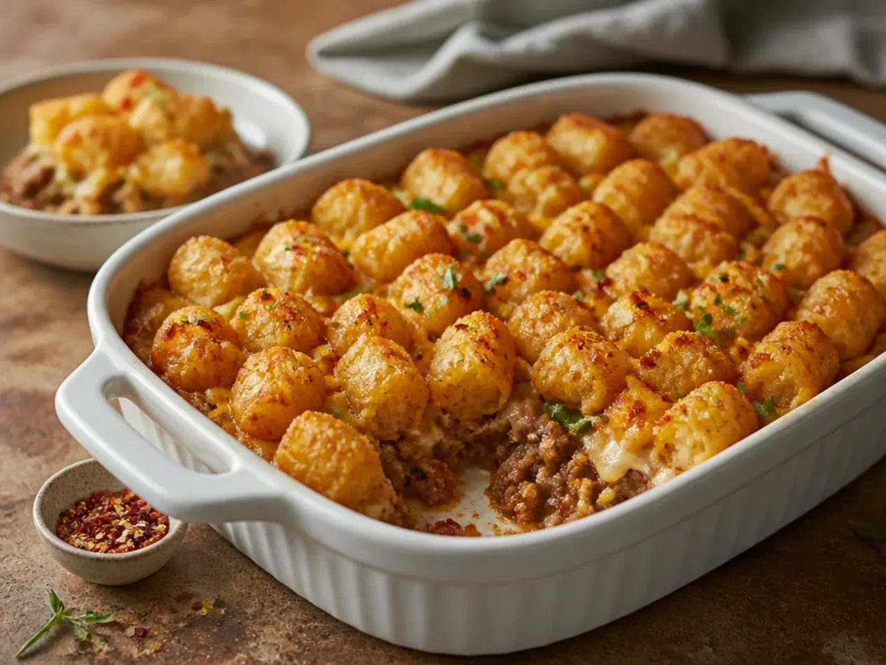 Air fryer basket of crisp golden tater tots being scattered over a beef casserole base