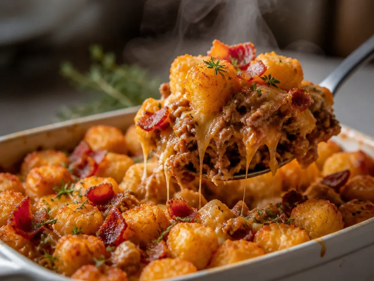Bacon cheeseburger tater tot casserole topped with chopped pickles and melted cheese