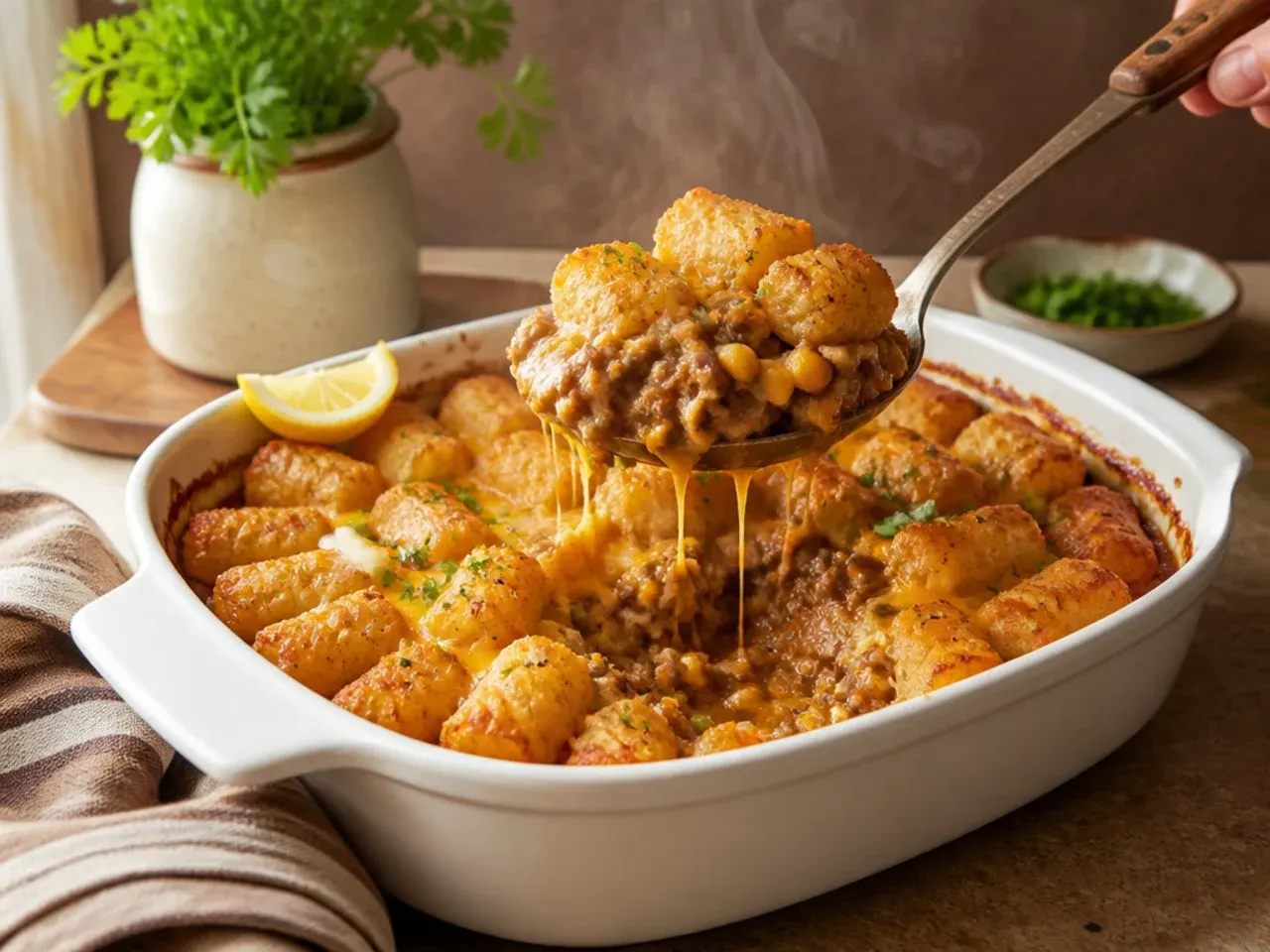 Slow cooker filled with beef and tater tot casserole, lid slightly ajar
