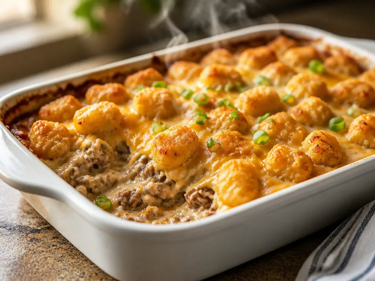 Creamy ranch tater tot casserole garnished with fresh chives
