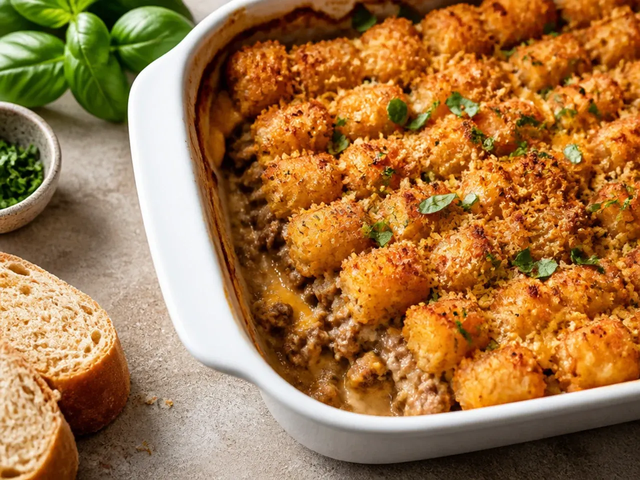 Simple five-ingredient tater tot casserole in a baking dish