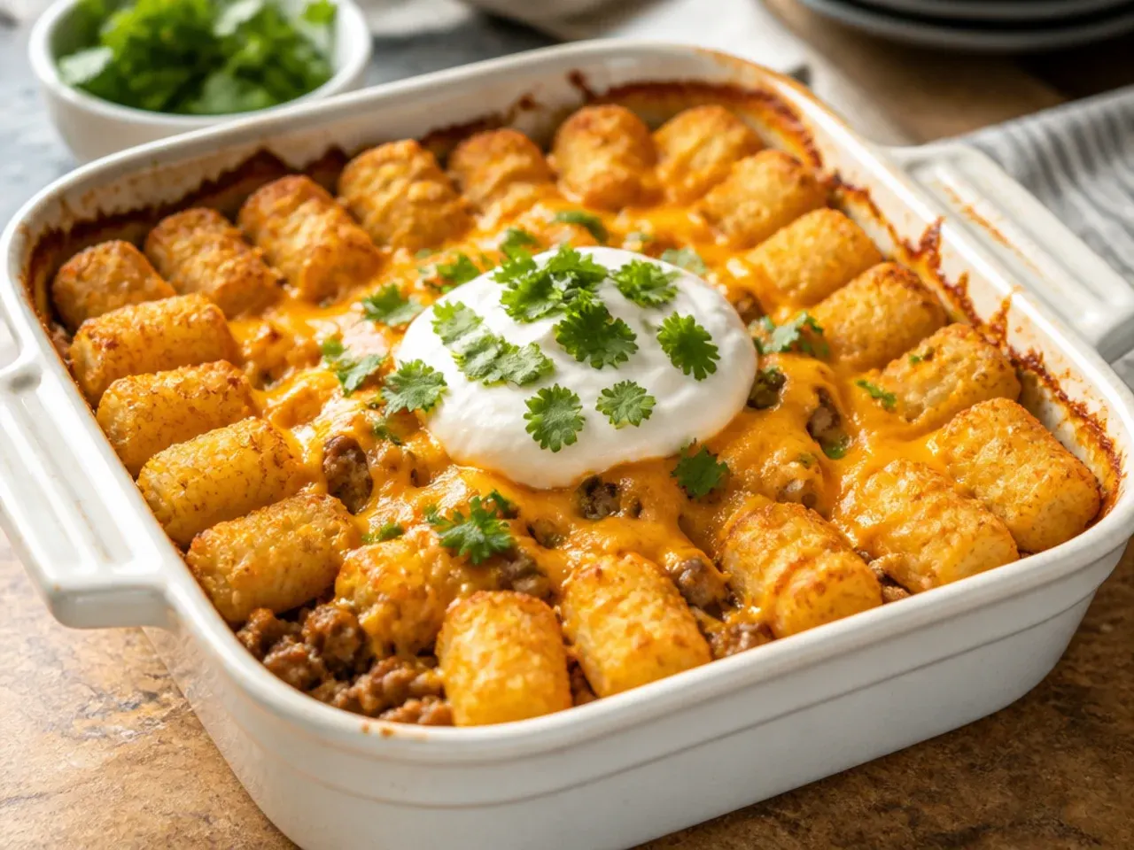 Close-up of extra cheesy tater tot casserole with a stretchy cheese pull