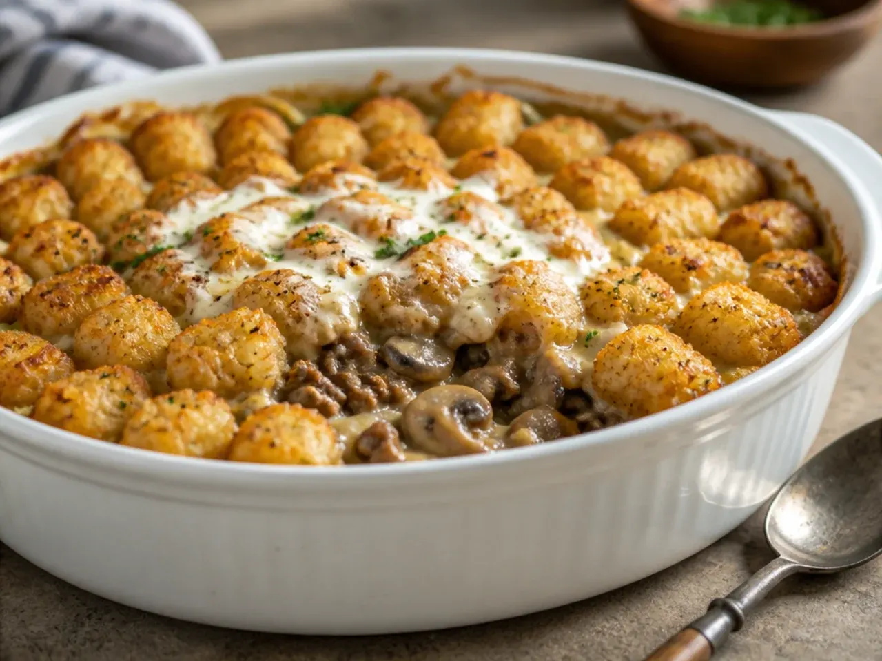 Comforting mushroom tater tot casserole served in a rustic baking dish