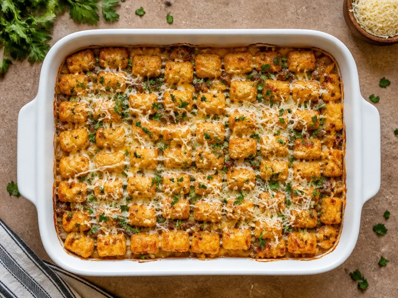 Budget-friendly tater tot casserole with beans stretched for a large family portion