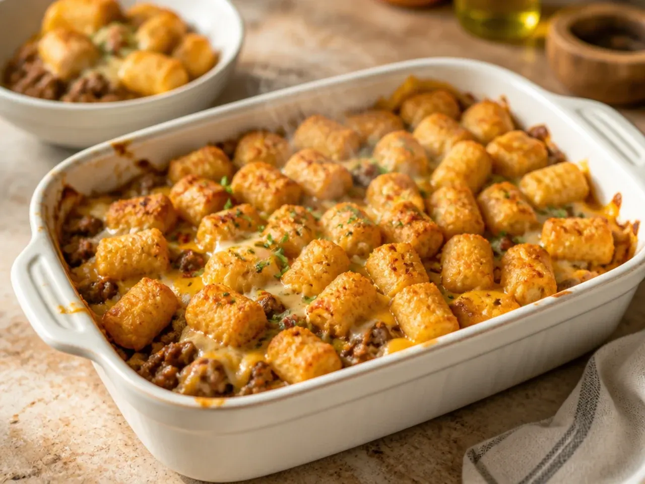 Weeknight tater tot casserole plated with a simple side salad