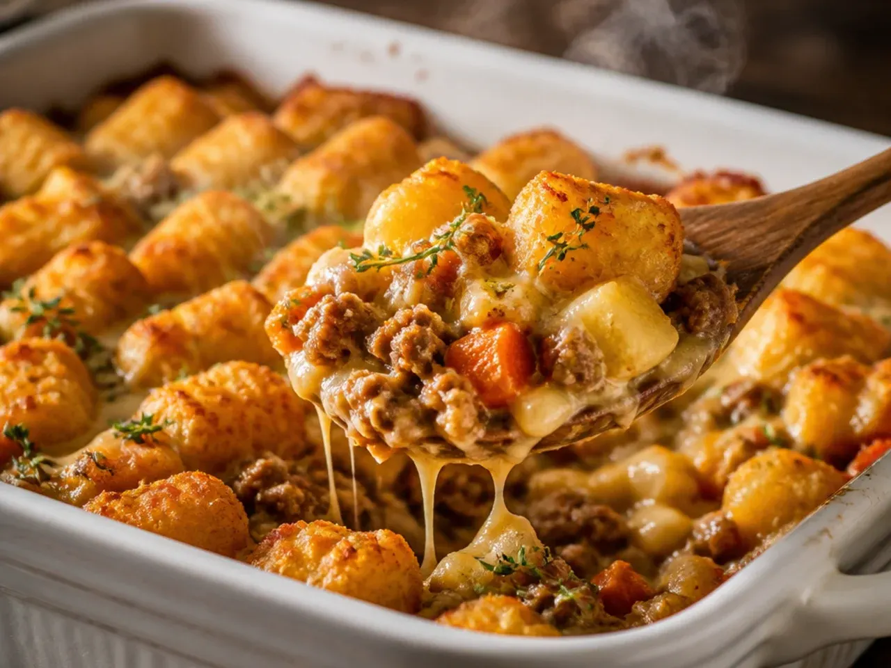 Rustic tater tot casserole topped with roasted root vegetables and fresh thyme