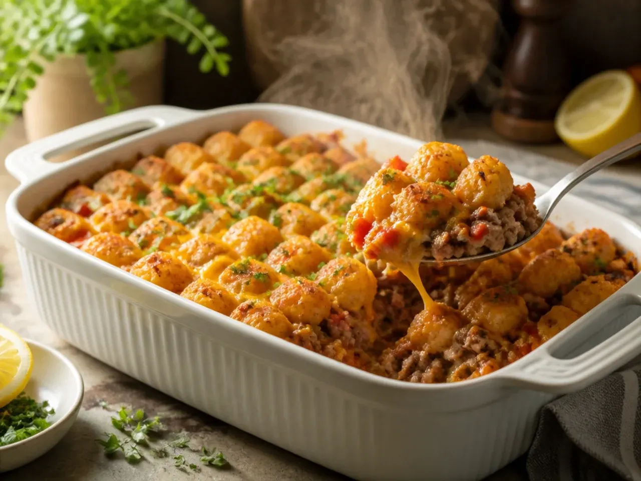 Fully loaded tater tot casserole topped with sour cream, bacon bits and spring onion