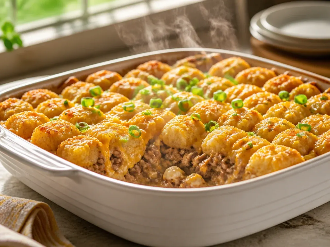 Large family-size batch of tater tot casserole in two baking dishes