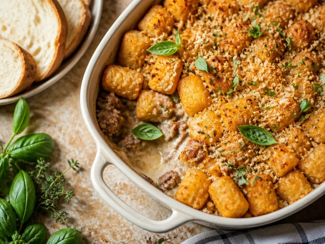 Homemade cream sauce tater tot casserole with a rich, glossy filling