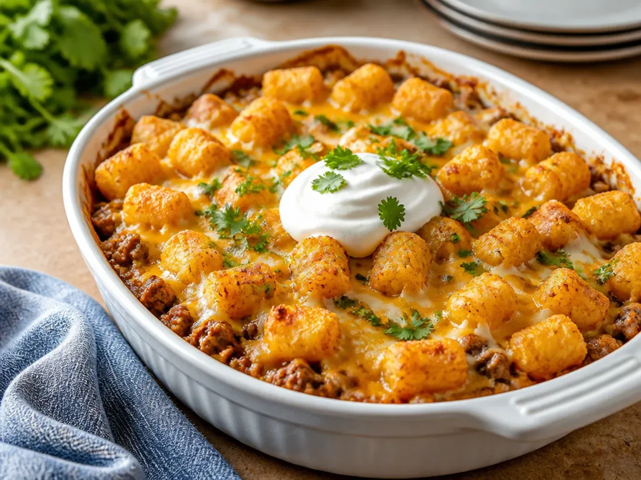 One-pot skillet tater tot casserole with golden tots straight from the oven