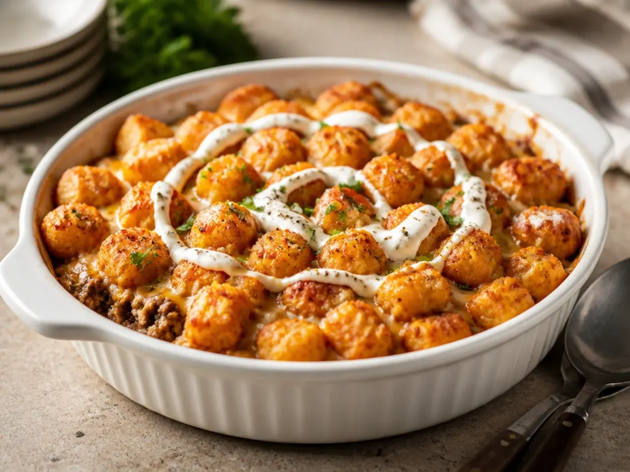 Pizza-style tater tot casserole topped with pepperoni and melted mozzarella