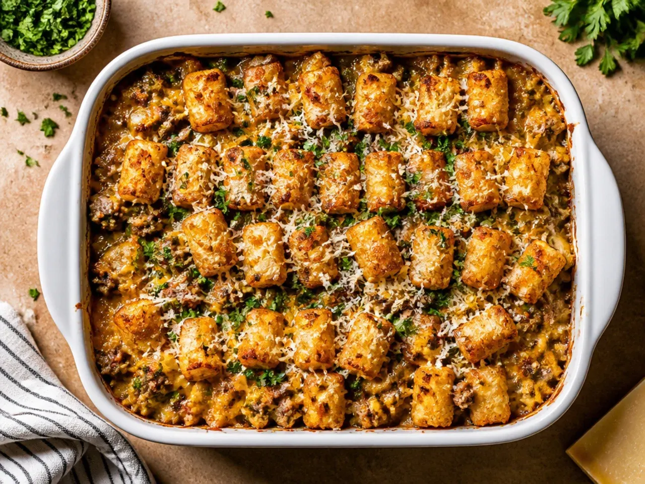 Broccoli cheddar tater tot casserole with visible green florets under melted cheese