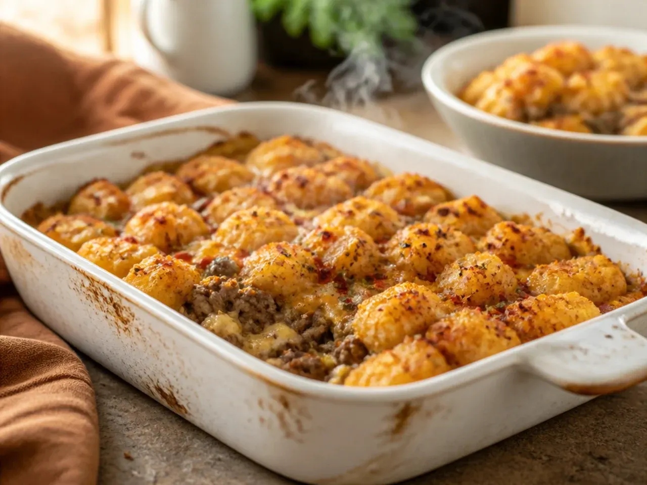 Cozy autumn tater tot casserole made with sweet potato tots and toasted pecans
