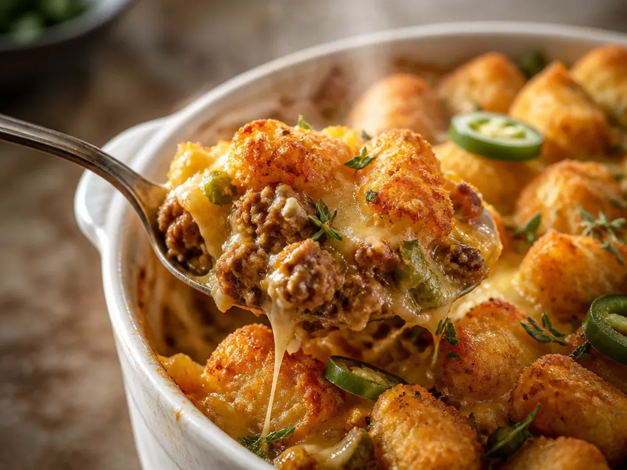Spicy jalapeno popper tater tot casserole topped with pepper jack cheese and sliced jalapenos