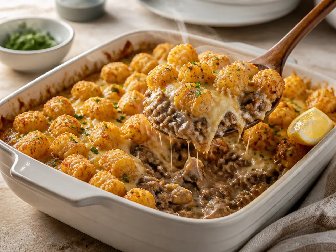 Creamy mushroom and Swiss tater tot casserole with a golden, bubbling top
