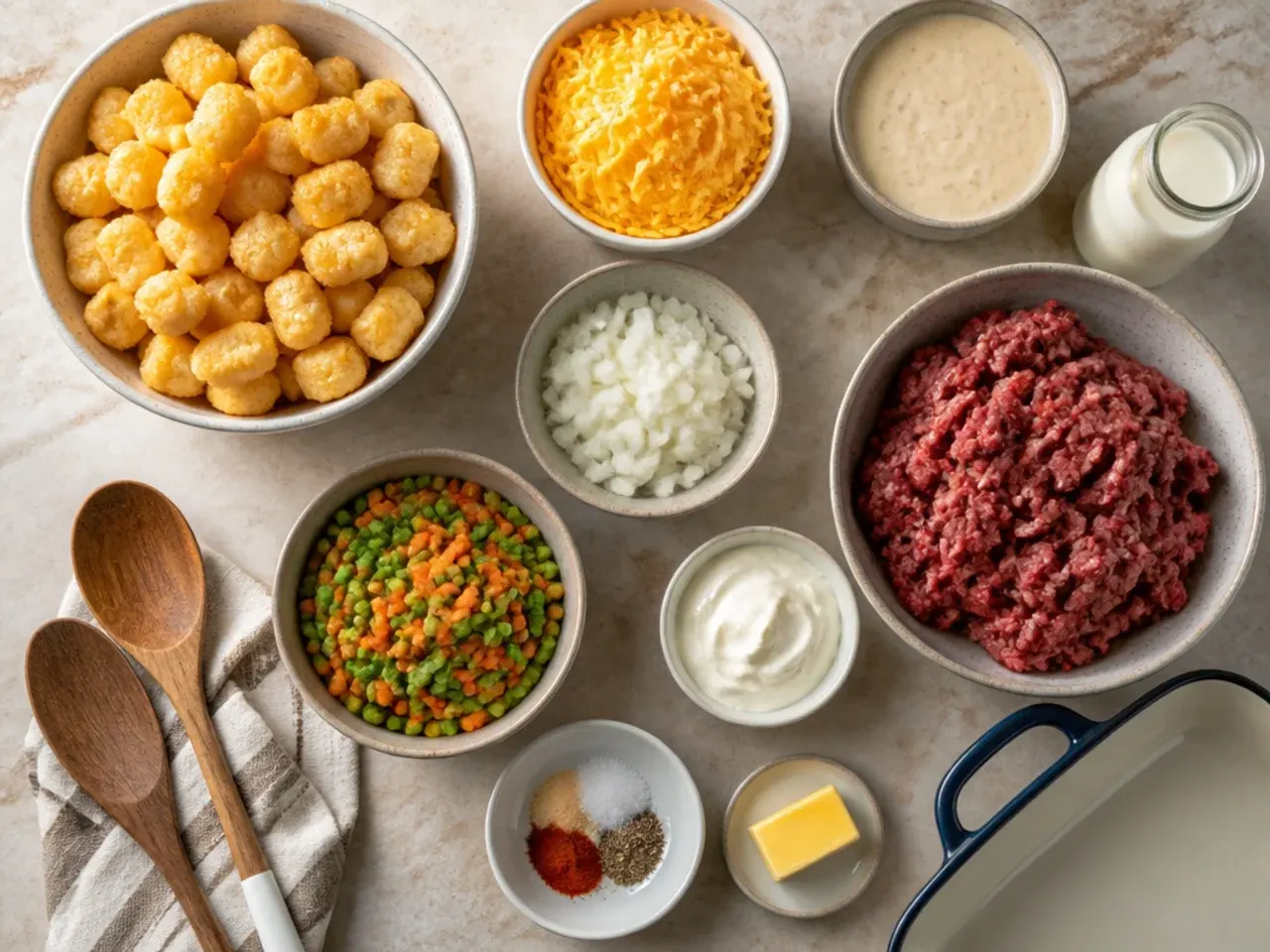 Close-up of crisp golden tater tots on top of a rested casserole