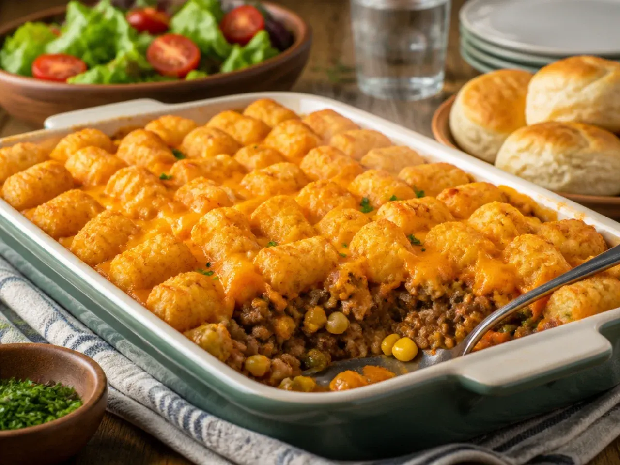 Plated serving of tater tot casserole with a side salad and dinner roll
