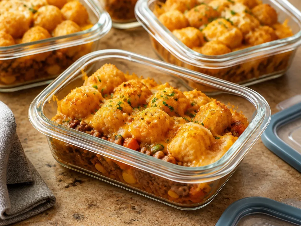 Leftover tater tot casserole portioned into airtight containers for the freezer
