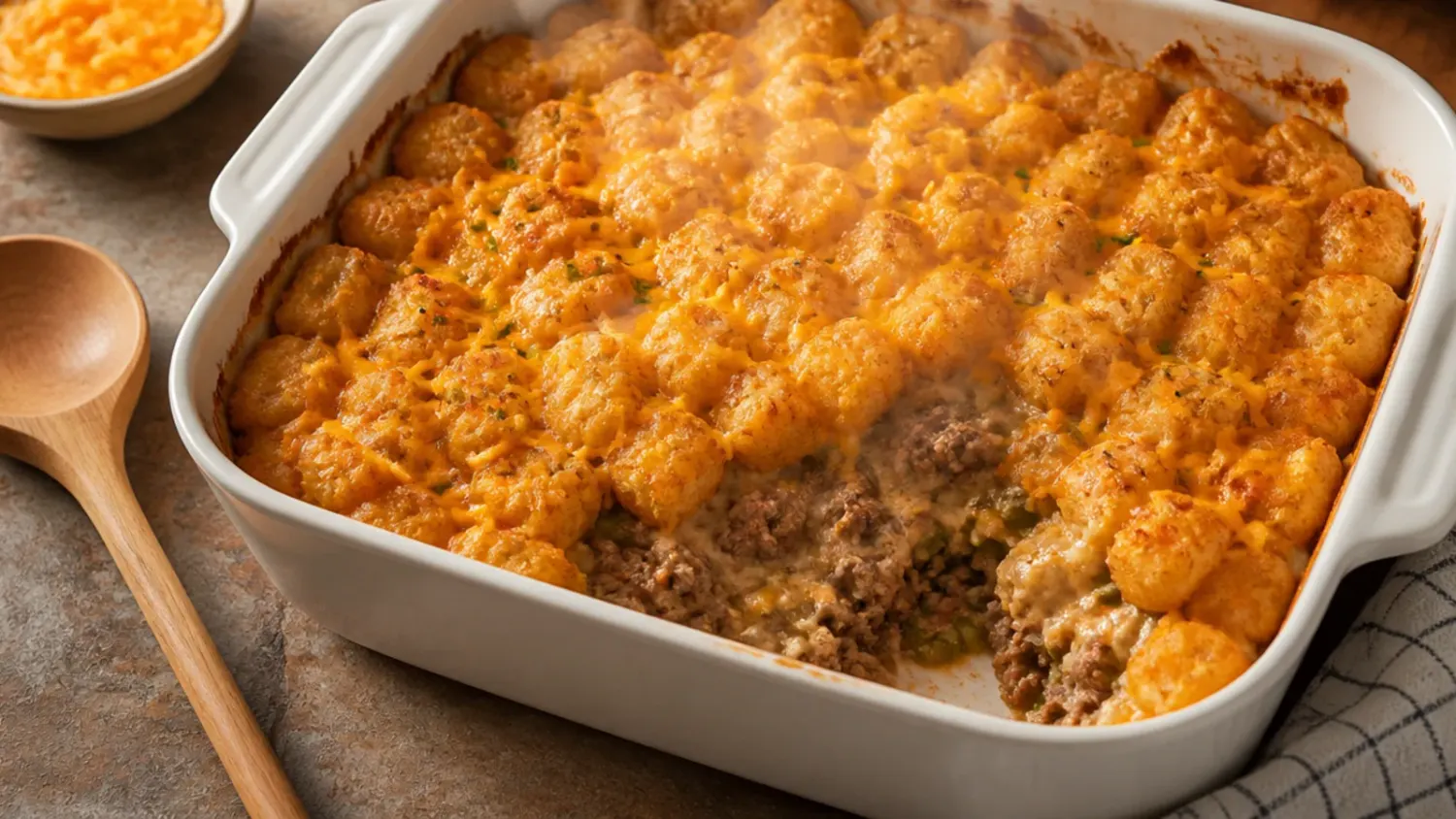 Golden baked tater tot casserole in a white ceramic dish with bubbling cheese at the edges and a serving spoon lifting out a portion